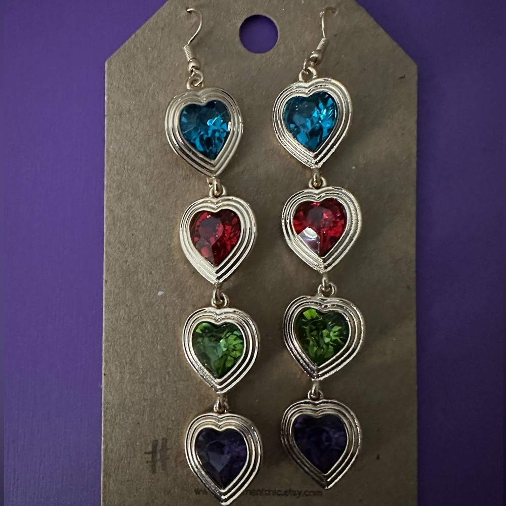 Heart Drop Earrings with Multicolor Stones